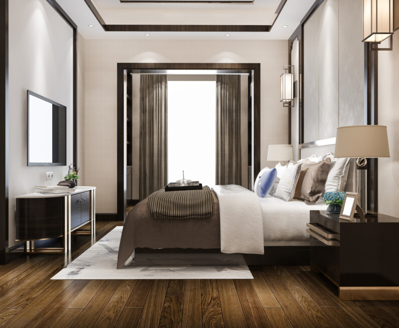 3d rendering  luxury modern bedroom suite in hotel with tv and cabinet