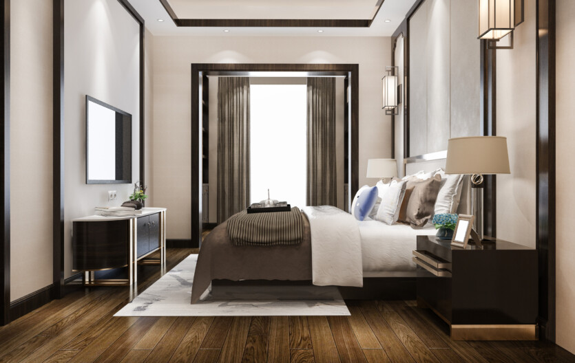 3d rendering  luxury modern bedroom suite in hotel with tv and cabinet